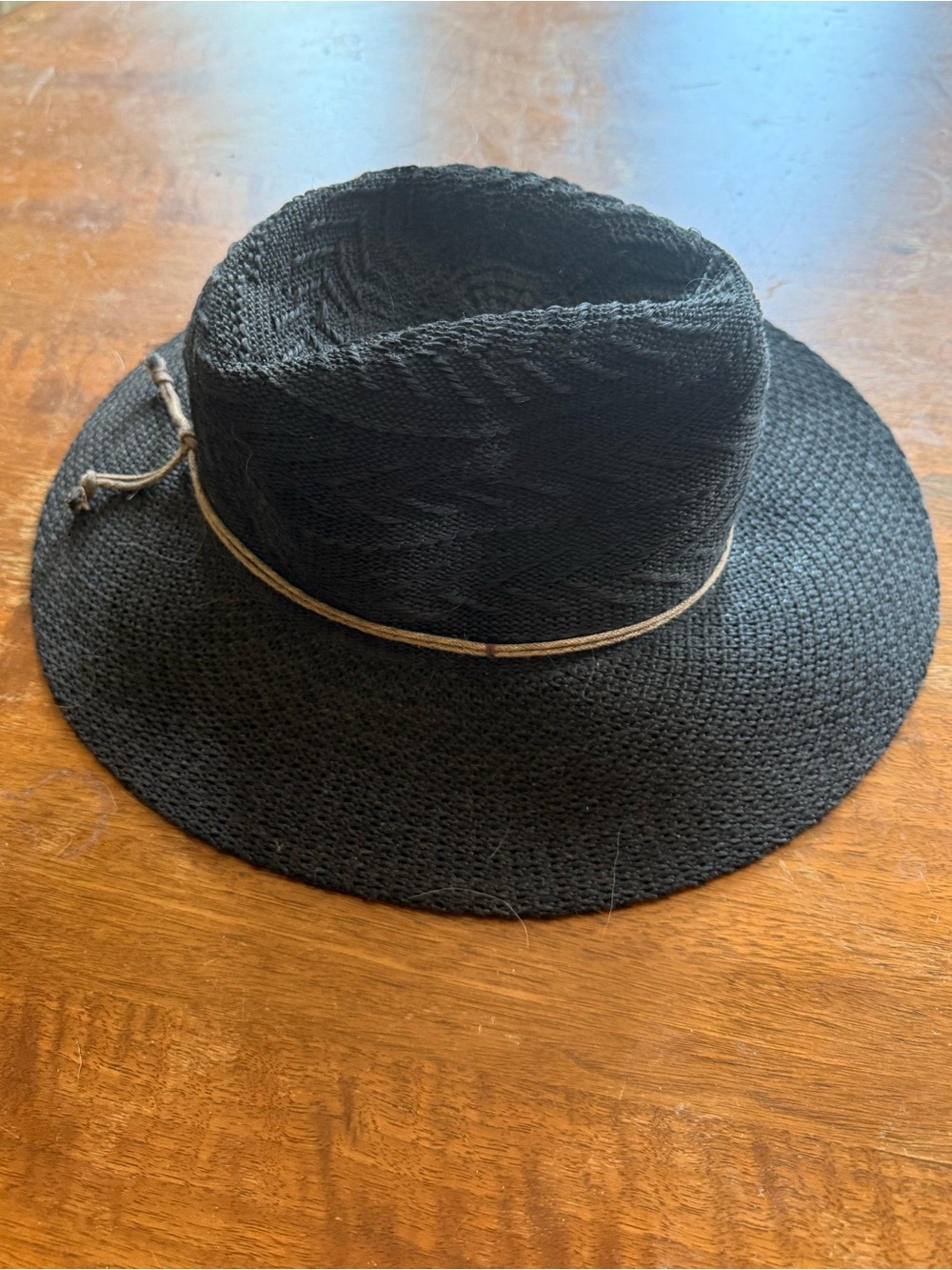 Free People Black Straw Wide-Brim Hat with Tan Cord